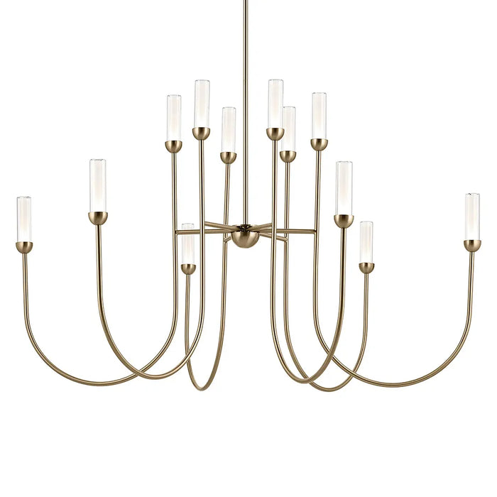 Gold chandelier with multiple arms on a white background