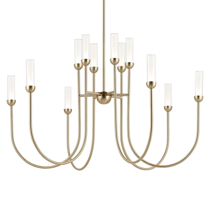 Gold chandelier with multiple candle-style lights on a white background