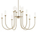 Gold chandelier with multiple candle-style lights on a white background