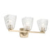 Three-light wall sconce with gold finish and clear glass shades on a white background