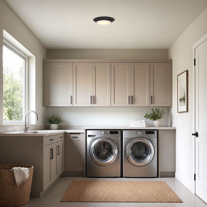 Modern laundry room with washing machine, dryer, and cabinets.