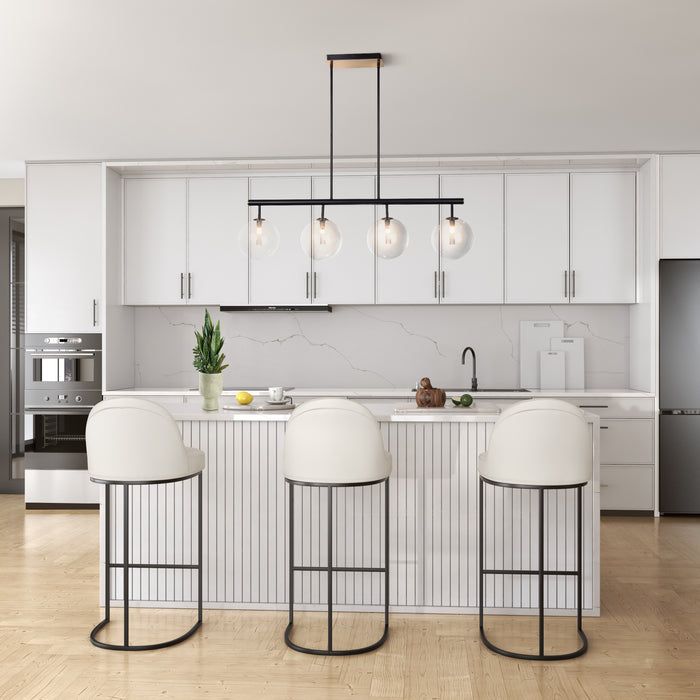 Modern kitchen with white bar stools and a light gray backsplash.