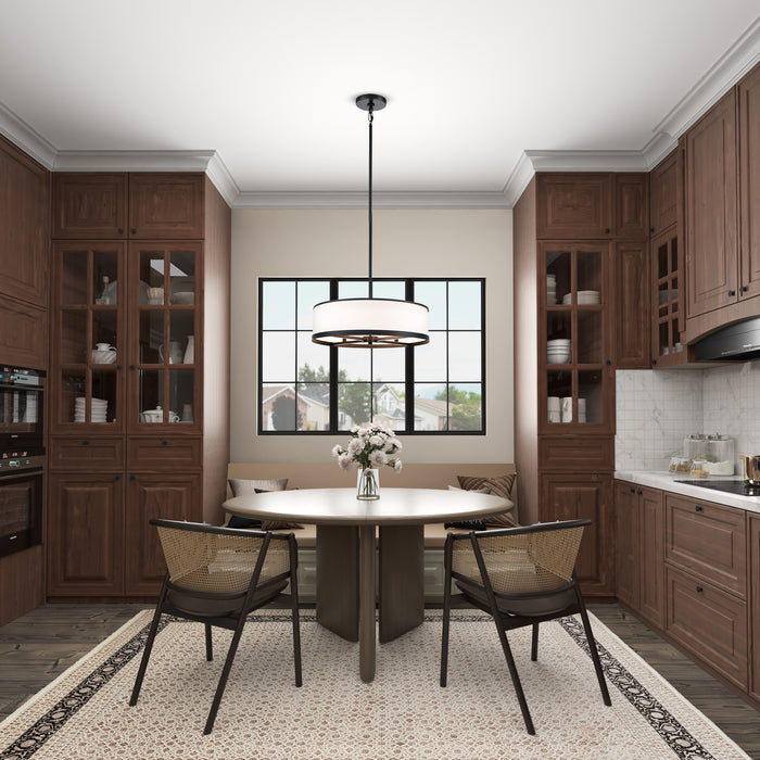 Modern kitchen with wooden cabinets, a round dining table, and chairs.
