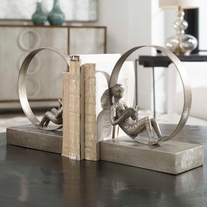 Lounging Reader Bookends, Set/2 Antiqued Silver Leaf w/Light Gray Glaze-Home Accents-Uttermost-Lighting Design Store