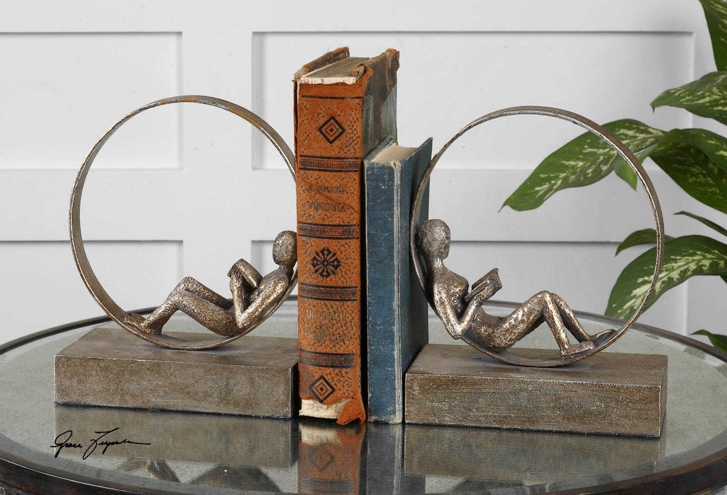 Lounging Reader Bookends, Set/2 Antiqued Silver Leaf w/Light Gray Glaze-Home Accents-Uttermost-Lighting Design Store