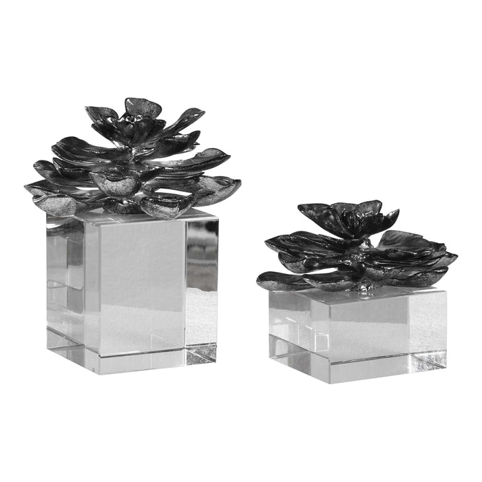 Indian Lotus Sculpture, Set/2 Silver-Home Accents-Uttermost-Lighting Design Store