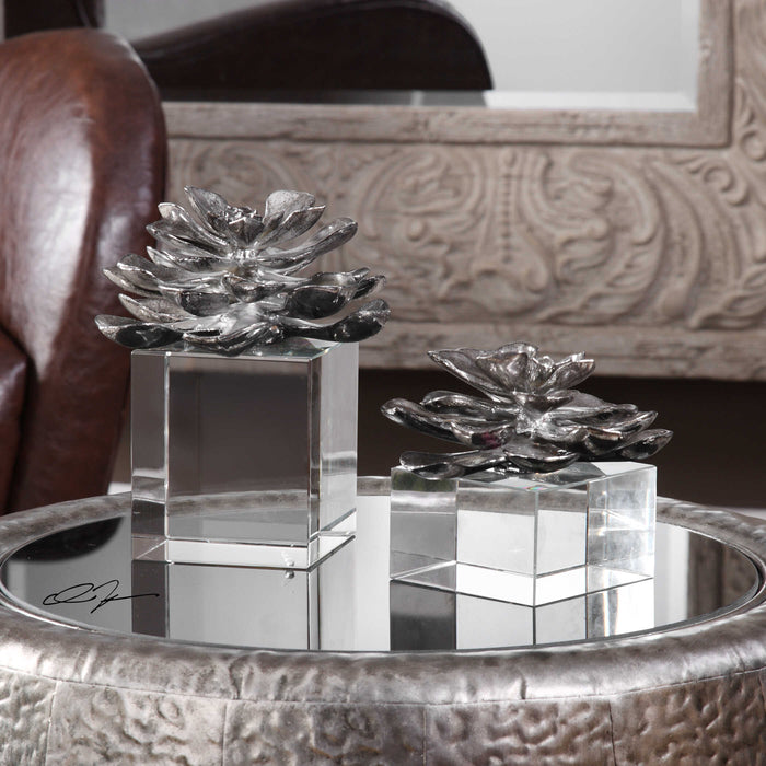Indian Lotus Sculpture, Set/2 Silver-Home Accents-Uttermost-Lighting Design Store