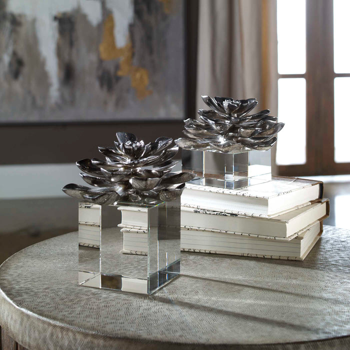 Indian Lotus Sculpture, Set/2 Silver-Home Accents-Uttermost-Lighting Design Store