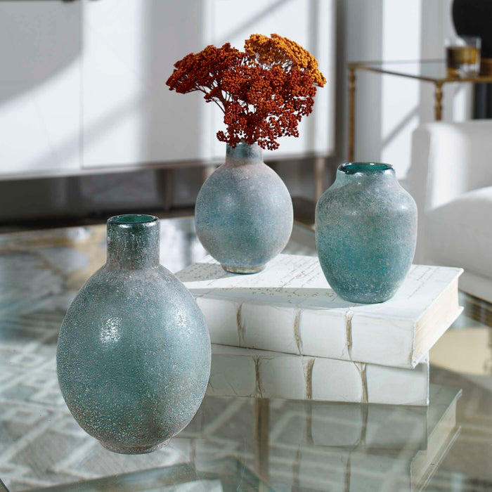 Mercede Vases, S/3 Blue-green w/Textured-Home Accents-Uttermost-Lighting Design Store