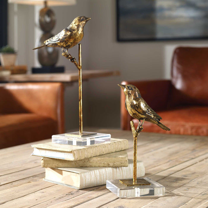 Passerines Sculpture, Set/2 Antiqued Gold Leaf-Home Accents-Uttermost-Lighting Design Store