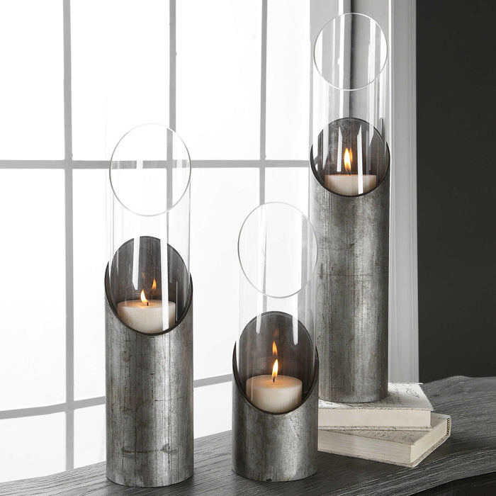 Karter Candleholders, Set/3 Angular Design In Raw Iron And Clear Glass-Home Accents-Uttermost-Lighting Design Store