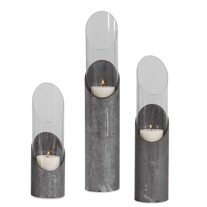 Karter Candleholders, Set/3 Angular Design In Raw Iron And Clear Glass-Home Accents-Uttermost-Lighting Design Store