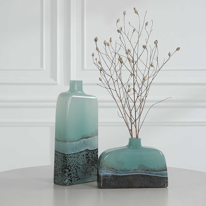 Fuze Vases, Set Of 2 Aqua And Bronze-Home Accents-Uttermost-Lighting Design Store