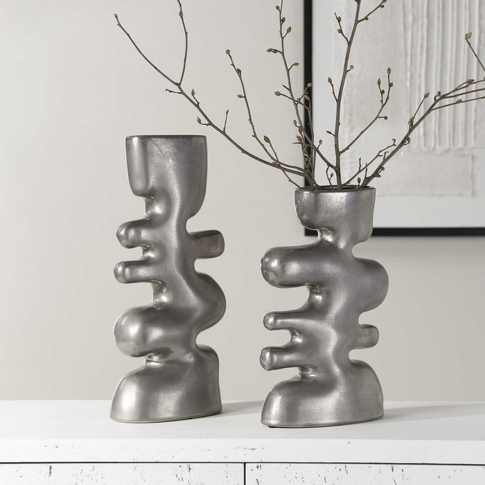 Free Flowing Vases Set/2 Tarnished Nickel Glaze-Home Accents-Uttermost-Lighting Design Store