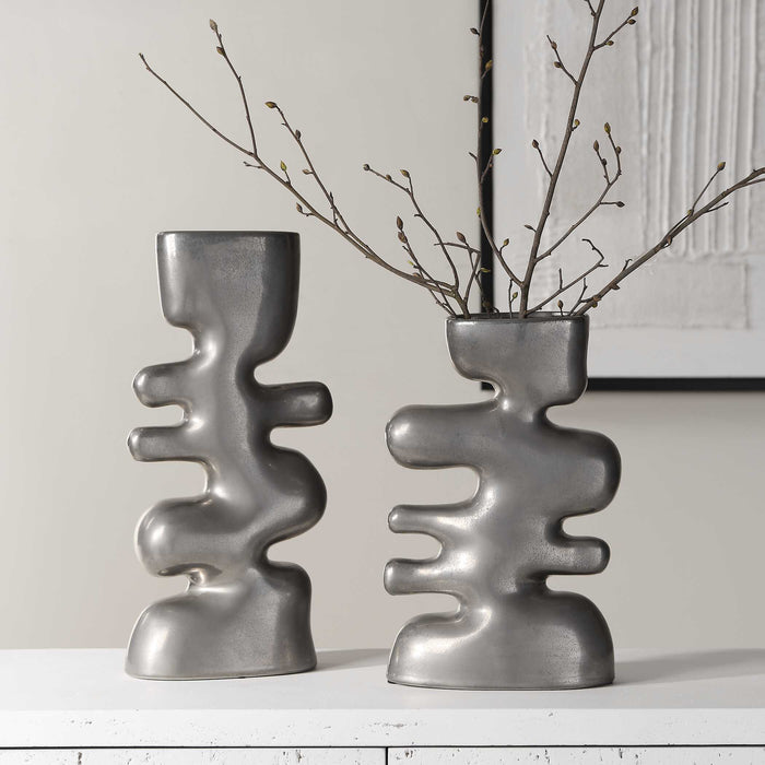 Free Flowing Vases Set/2 Tarnished Nickel Glaze-Home Accents-Uttermost-Lighting Design Store