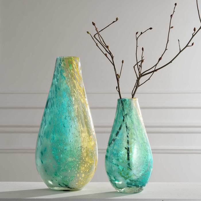 High Tide Vases, S/2 Exquisite Teal, Amber, And Gold-Home Accents-Uttermost-Lighting Design Store