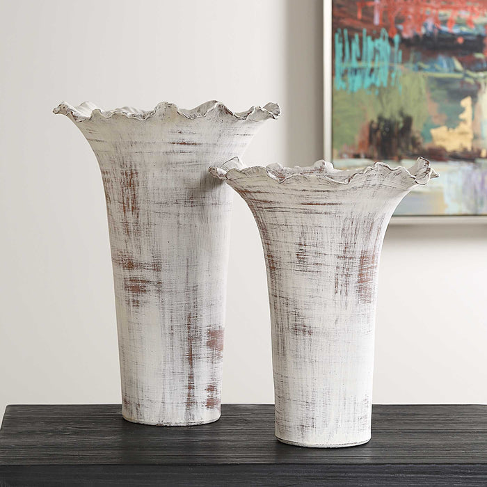 Ruffled Petal Vases Set/2 Distressed White-Home Accents-Uttermost-Lighting Design Store