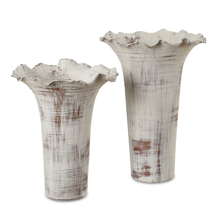 Ruffled Petal Vases Set/2 Distressed White-Home Accents-Uttermost-Lighting Design Store