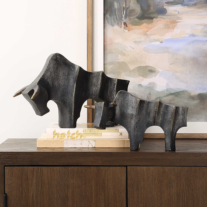 Regal Bull Sculptures Set/2 Dark Bronze-Home Accents-Uttermost-Lighting Design Store