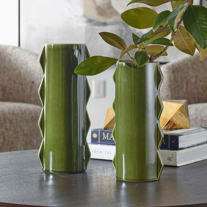 Meander Vases, Set/2 Green Ceramic-Home Accents-Uttermost-Lighting Design Store
