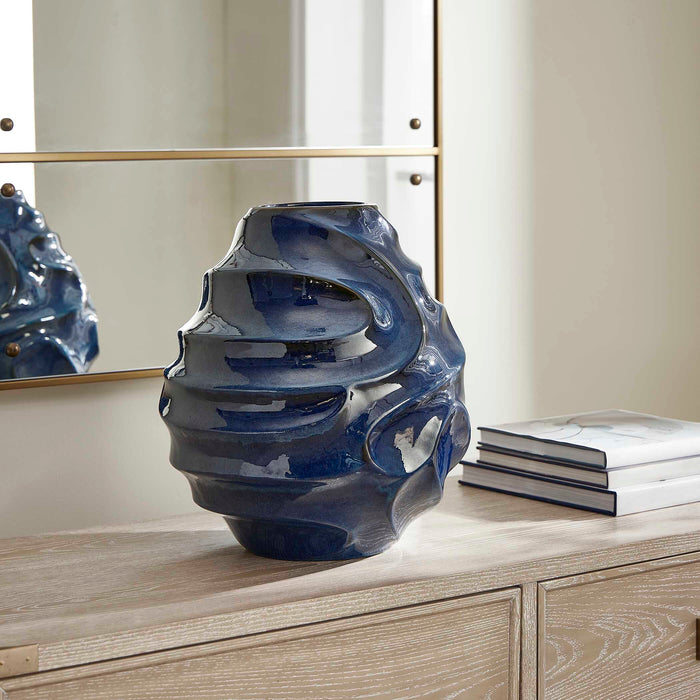Helix Vase Glossy Blue Glaze-Home Accents-Uttermost-Lighting Design Store