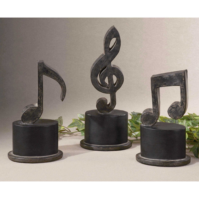 Music Notes Figurines, Set/3 Aged Black w/Tan Glaze And Matte Black-Home Accents-Uttermost-Lighting Design Store