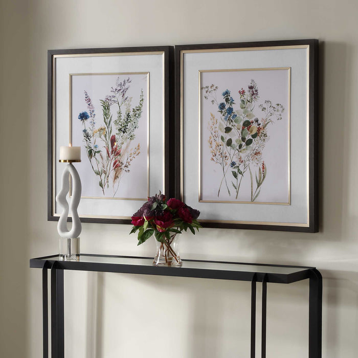 Delicate Flowers Framed Prints, S/2 Dark Wood Grain-Mirrors/Pictures-Uttermost-Lighting Design Store
