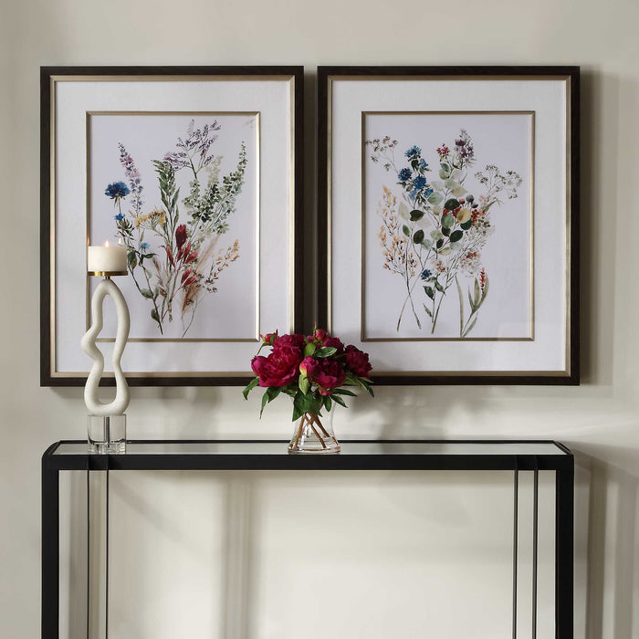 Delicate Flowers Framed Prints, S/2 Dark Wood Grain-Mirrors/Pictures-Uttermost-Lighting Design Store