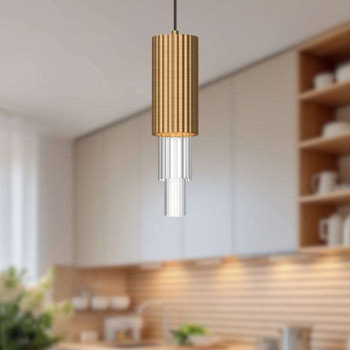Bordeaux LED Pendant Aged Gold/Clear Ribbed Glass-Mini Pendants-Alora-Lighting Design Store