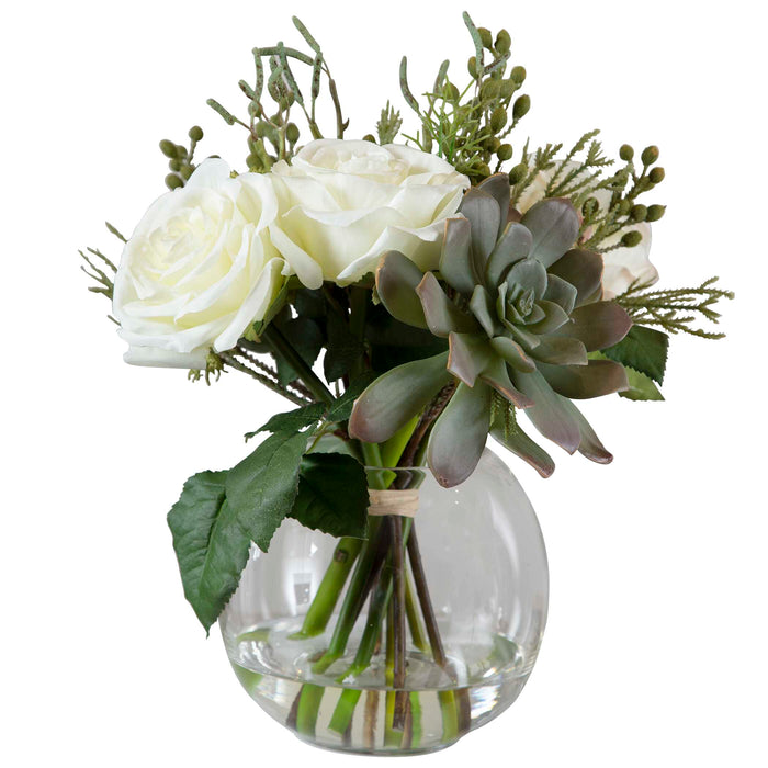 Belmonte Floral Bouquet & Vase Berries, Greenery, Seed Pods, Succulents And Cream Roses In A Clear-Home Accents-Uttermost-Lighting Design Store
