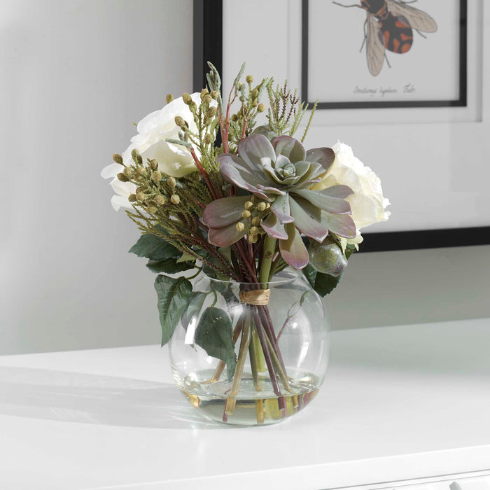 Belmonte Floral Bouquet & Vase Berries, Greenery, Seed Pods, Succulents And Cream Roses In A Clear-Home Accents-Uttermost-Lighting Design Store
