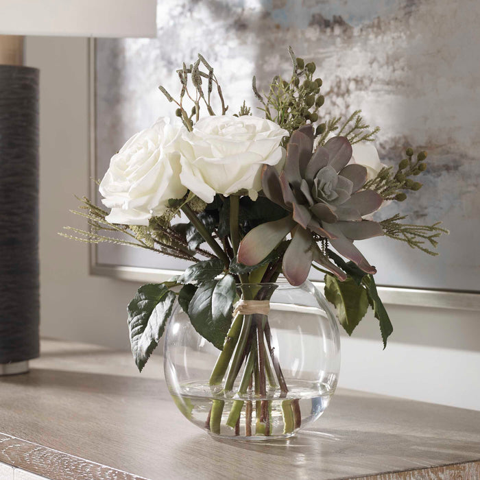 Belmonte Floral Bouquet & Vase Berries, Greenery, Seed Pods, Succulents And Cream Roses In A Clear-Home Accents-Uttermost-Lighting Design Store