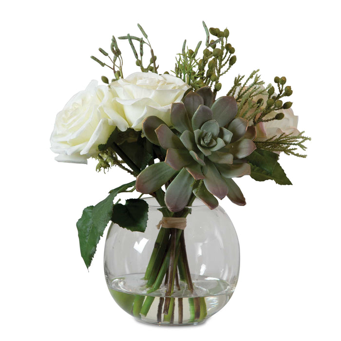 Belmonte Floral Bouquet & Vase Berries, Greenery, Seed Pods, Succulents And Cream Roses In A Clear-Home Accents-Uttermost-Lighting Design Store