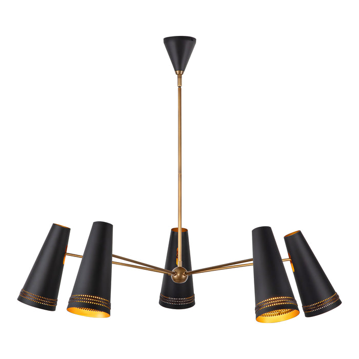 Brickell Five Light Chandelier Matte Black/Hazelnut Leather-Large Chandeliers-Alora-Lighting Design Store