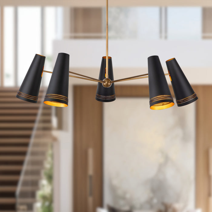 Brickell Five Light Chandelier Matte Black/Hazelnut Leather-Large Chandeliers-Alora-Lighting Design Store