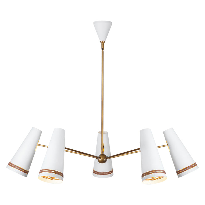 Brickell Five Light Chandelier Matte White/Hazelnut Leather-Large Chandeliers-Alora-Lighting Design Store