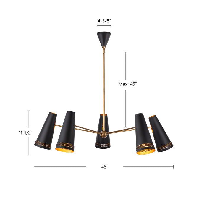 Brickell Five Light Chandelier Matte Black/Hazelnut Leather-Large Chandeliers-Alora-Lighting Design Store