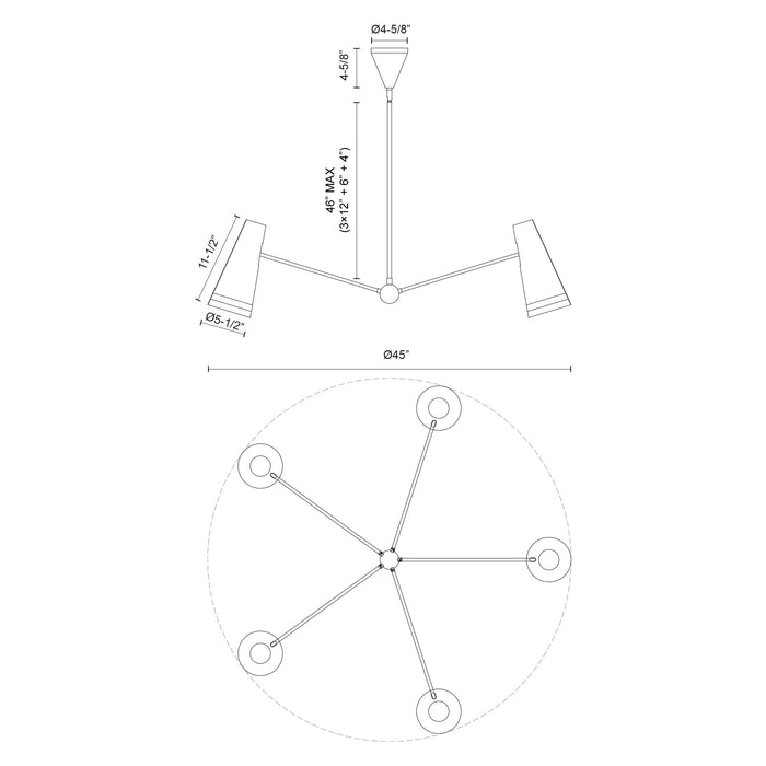 Brickell Five Light Chandelier Matte Black/Hazelnut Leather-Large Chandeliers-Alora-Lighting Design Store