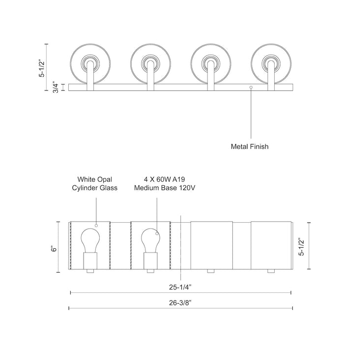 Bridgewater Four Light Vanity Brushed Nickel-Bathroom Fixtures-Kuzco Lighting-Lighting Design Store