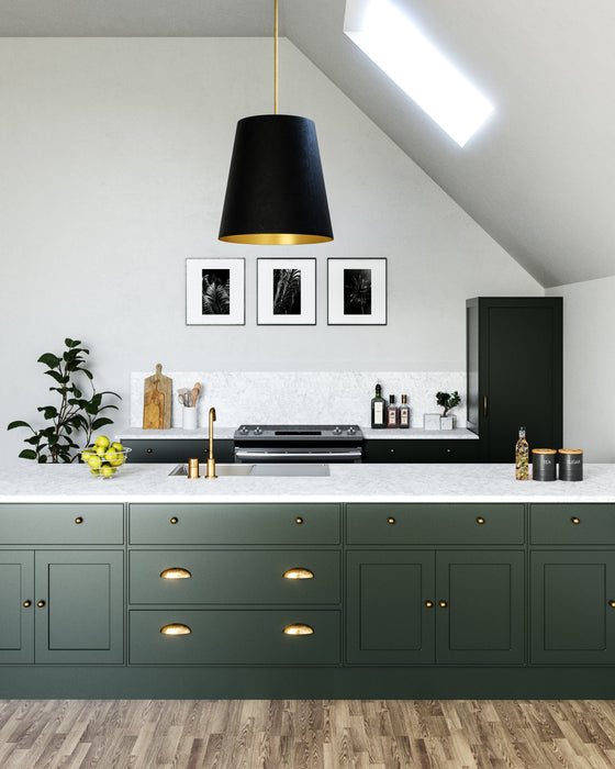 Calor Three Light Pendant Black Linen With Gold Parchment/Vintage Brass-Pendants-Alora-Lighting Design Store