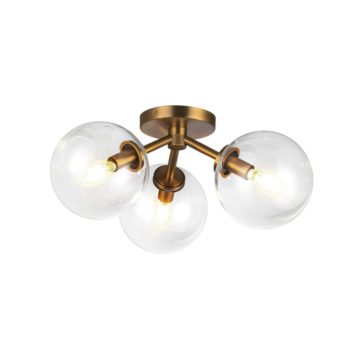 Cassia Three Light Semi-Flush Mount Aged Gold/Clear Glass-Semi-Flush Mts.-Alora-Lighting Design Store