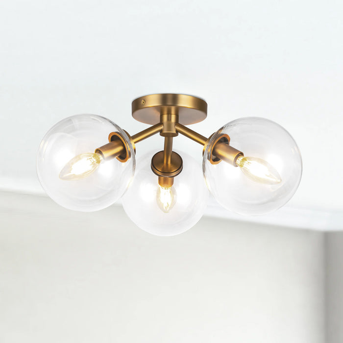 Cassia Three Light Semi-Flush Mount Aged Gold/Clear Glass-Semi-Flush Mts.-Alora-Lighting Design Store