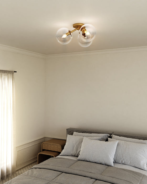 Cassia Three Light Semi-Flush Mount Aged Gold/Clear Glass-Semi-Flush Mts.-Alora-Lighting Design Store