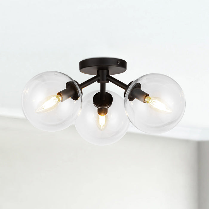 Cassia Three Light Semi-Flush Mount Matte Black/Clear Glass-Semi-Flush Mts.-Alora-Lighting Design Store