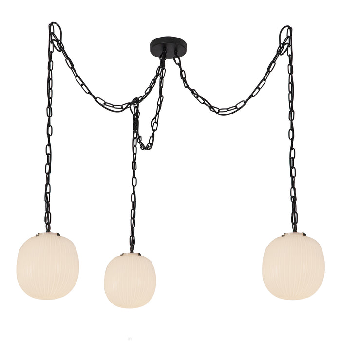 Cherise Three Light Pendant Matte Black/Glossy Ribbed Opal Glass-Pendants-Alora-Lighting Design Store