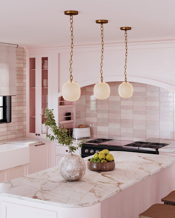 Cherise One Light Pendant Brushed Gold/Glossy Ribbed Opal Glass-Pendants-Alora-Lighting Design Store