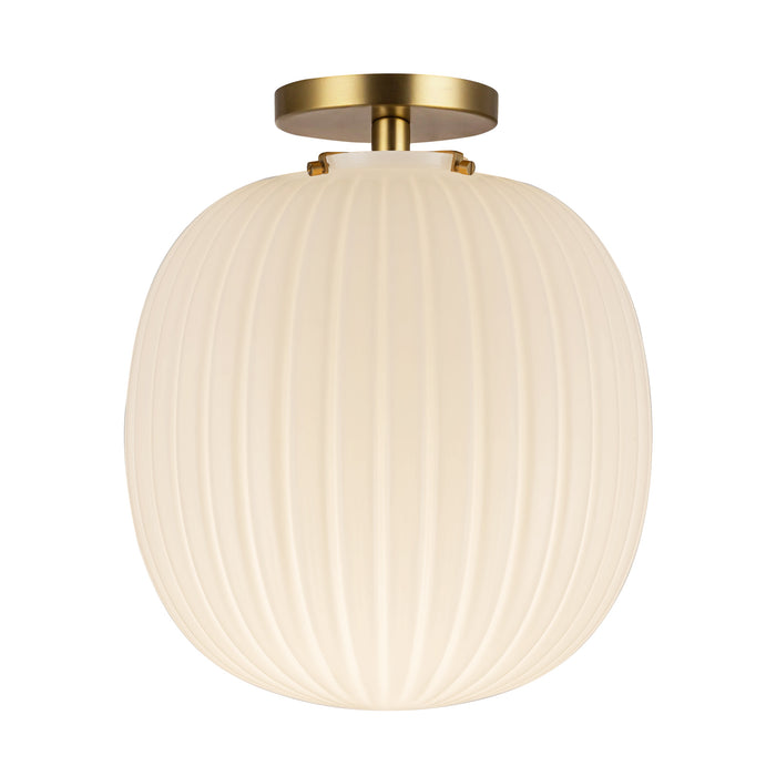 Cherise One Light Semi-Flush Mount Brushed Gold/Glossy Ribbed Opal Glass-Flush Mounts-Alora-Lighting Design Store