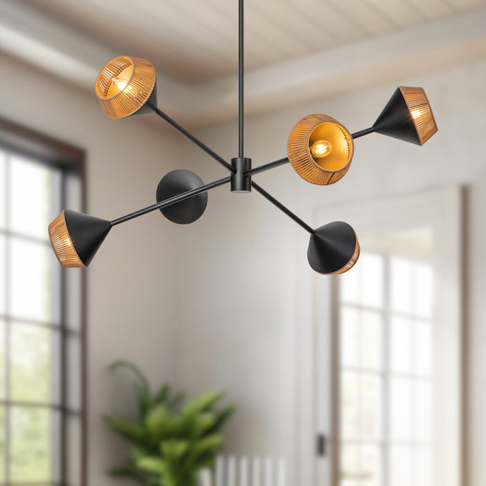 Daphne Six Light Chandelier Matte Black/Brown Cotton Rope-Large Chandeliers-Alora-Lighting Design Store