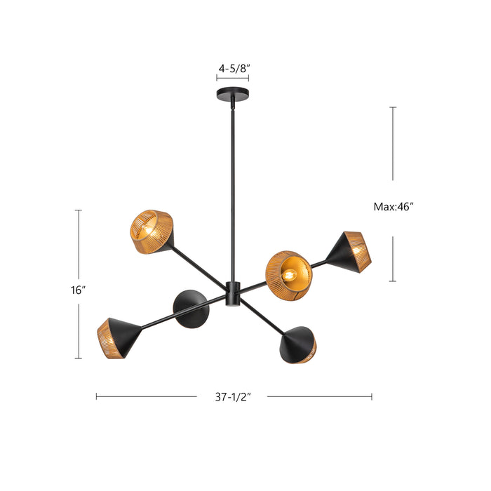 Daphne Six Light Chandelier Matte Black/Brown Cotton Rope-Large Chandeliers-Alora-Lighting Design Store