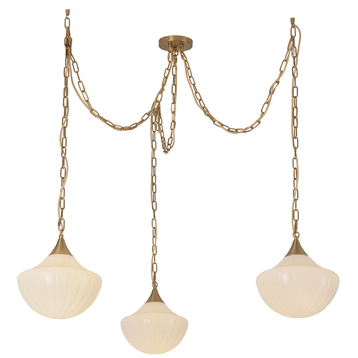 Farrah Three Light Pendant Brushed Gold/Glossy Ribbed Opal Glass-Pendants-Alora-Lighting Design Store